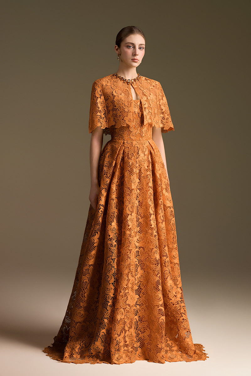 I.H.F CULT MIA X orange bustier A-line gown with fitted bodice and flowing skirt, elegant evening wear for special occasions.