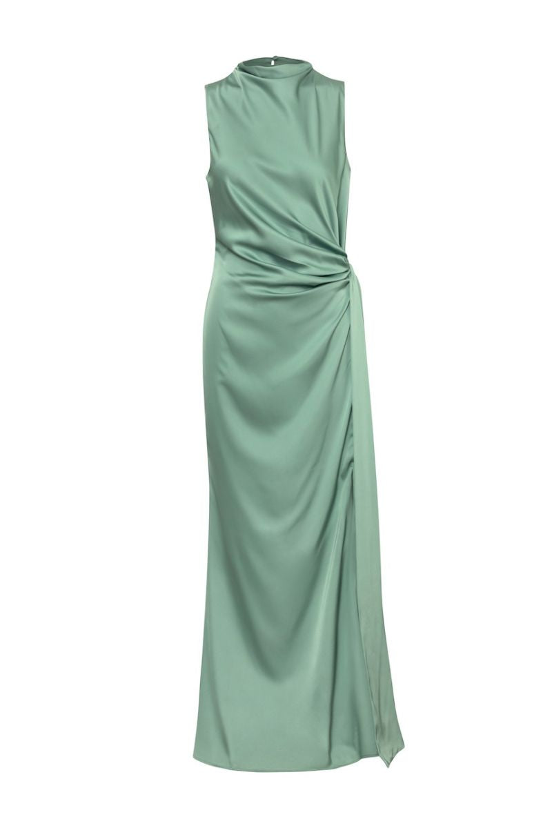Baobab VITTO Maxi Dress in Jade, flowing fabric with a relaxed fit and sleeveless design, shown on a model in a stylish outdoor setting.