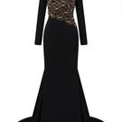 Black velvet satin floral embellished gown by Lune De Soie with intricate floral embroidery and elegant drape details.