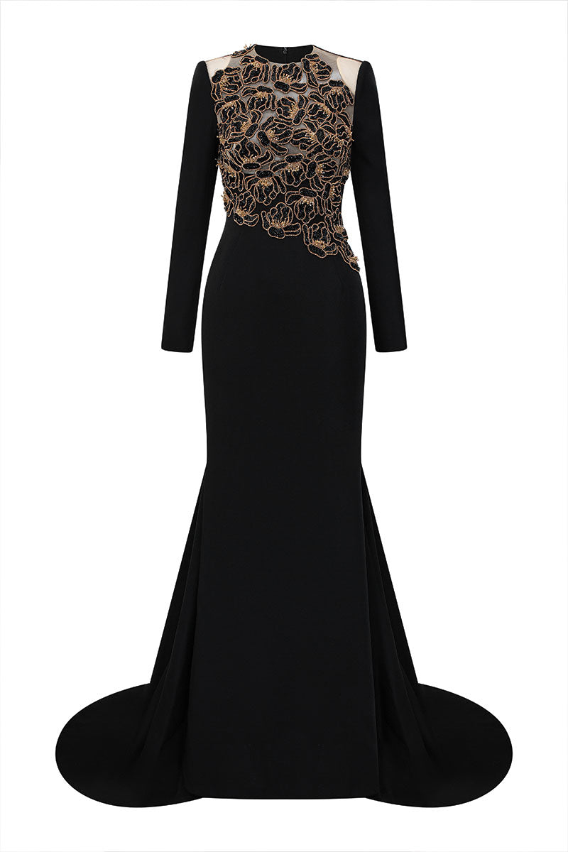 VELVET SATIN FLORAL EMBELLISHED DRESS IN BLACK - CULT MIA