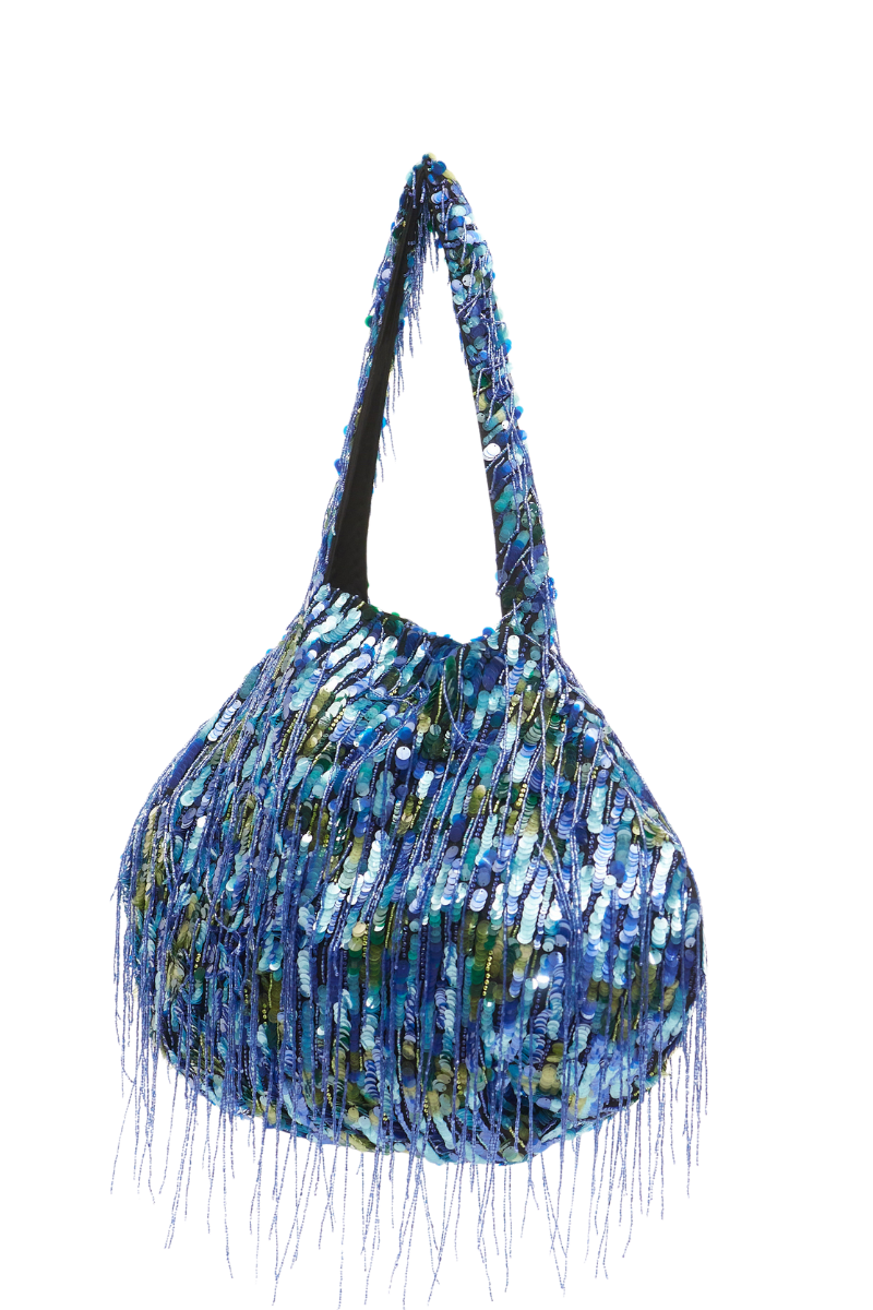 Blue Zari bag by Onalaja, stylish shoulder bag with intricate zari embroidery, featuring a sleek design and comfortable strap.