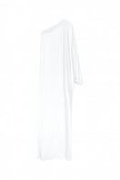 Nazlı Ceren Venus one-shoulder maxi dress in white, flowing fabric with elegant drape and a stylish one-shoulder design.