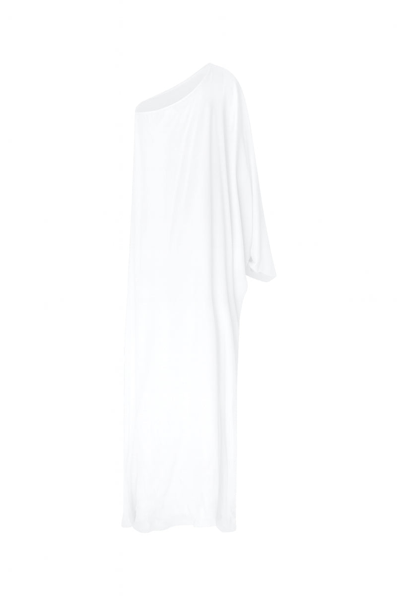 Nazlı Ceren Venus one-shoulder maxi dress in white, flowing fabric with elegant drape and a stylish one-shoulder design.