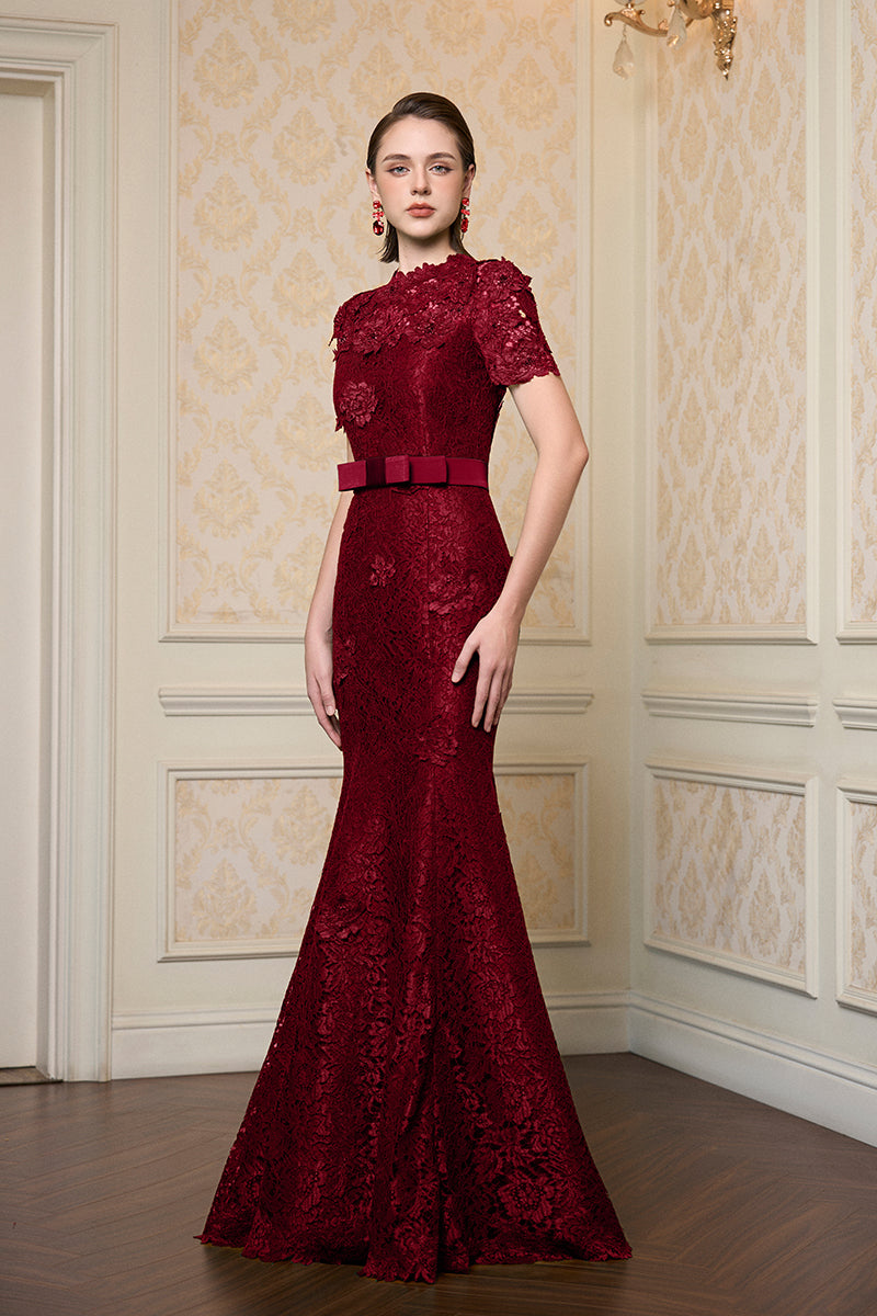 GUIPURE LACE AND TAFFETA SILK LINED DRESS IN RED