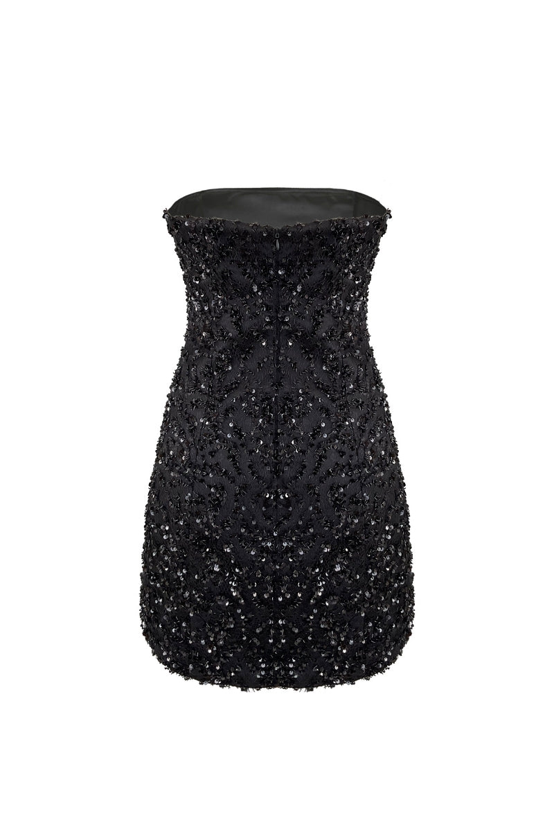 Black Nazlı Ceren Casey Mini Sequin Dress displayed on a mannequin with shimmering sequin details and a fitted silhouette.