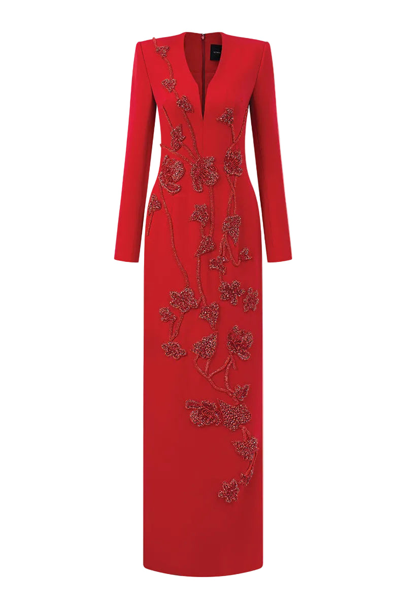 Elegant velvet satin gown by Lune De Soie, featuring a flowing silhouette and luxurious fabric, perfect for formal occasions.