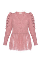 Pink Liya cardigan with fringes, featuring a cozy knit design and stylish fringe details, perfect for casual or layered looks.