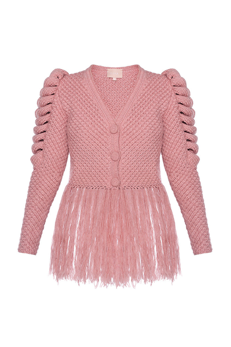 Pink Liya cardigan with fringes, featuring a cozy knit design and stylish fringe details, perfect for casual or layered looks.
