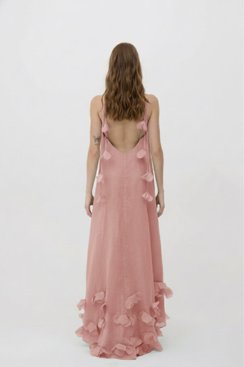 Kontenta Aurora maxi dress in pink, flowing fabric, sleeveless design, perfect for summer or special occasions.