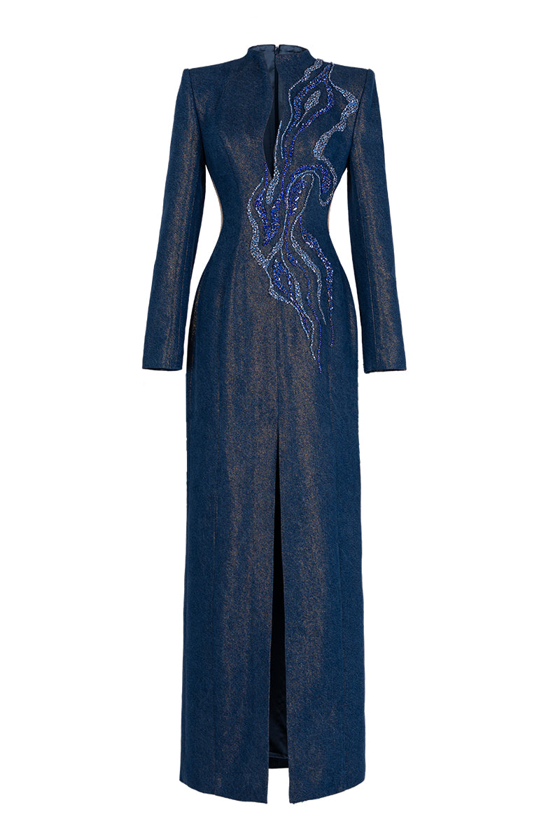 Blue GVLUX maxi gown with crystal embroidery, elegant column dress featuring a sleek silhouette and intricate embellishments.