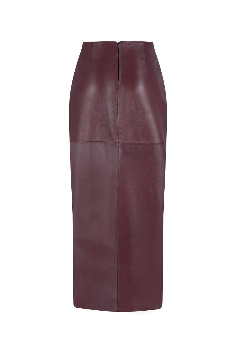 ZUT Laurel leather maxi skirt shown with high waist and flowing silhouette, featuring sleek leather material and stylish design.