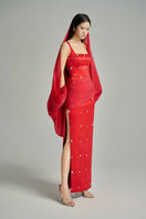 Red CULT MIA X HAPPY CLOTHING Sienna Taffeta Maxi Dress, elegant sheath style with a flowing silhouette and vibrant color.