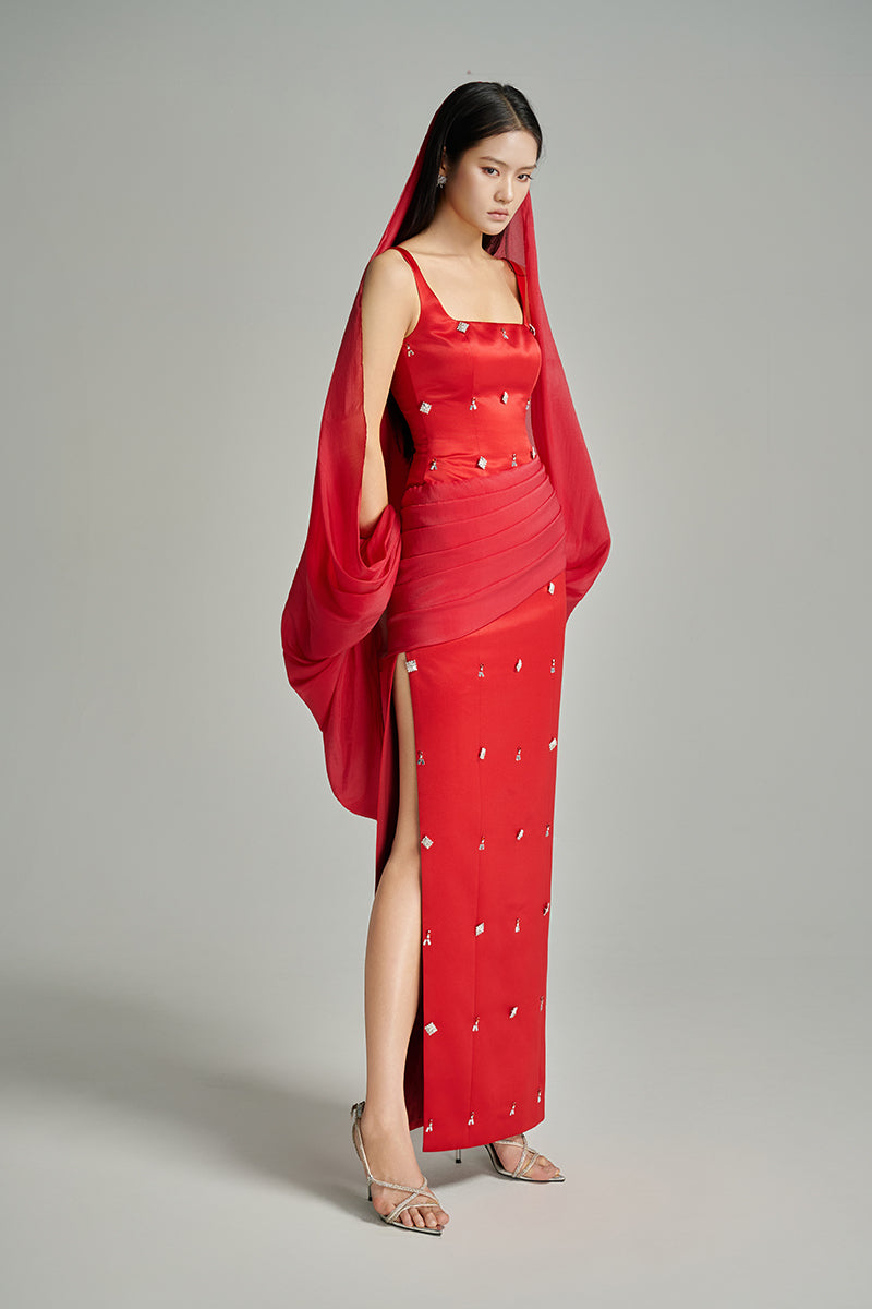 Red CULT MIA X HAPPY CLOTHING Sienna Taffeta Maxi Dress, elegant sheath style with a flowing silhouette and vibrant color.