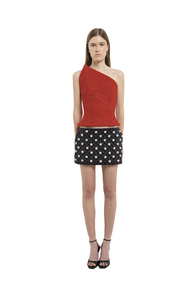 MINI SKIRT WITH FLOWER EMBROIDERY AND CRYSTALS IN BLACK - CULT MIA