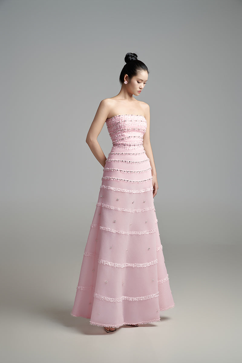 STRAPLESS A-LINE MAXI DRESS WITH CRYSTAL DETAILS - CULT MIA