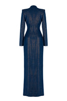 Blue GVLUX column gown with intricate crystal embroidery, featuring a fitted silhouette and elegant design.