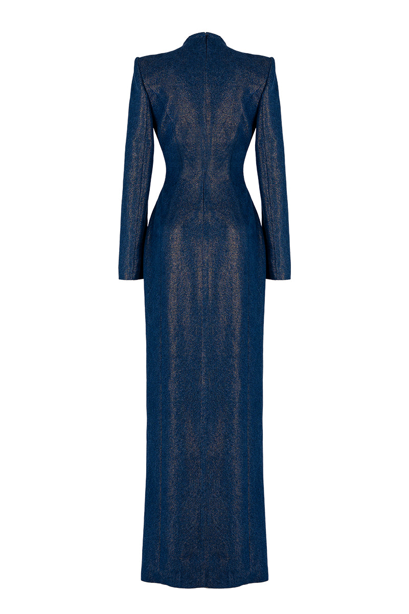 Blue GVLUX column gown with intricate crystal embroidery, featuring a fitted silhouette and elegant design.