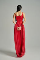 Red CULT MIA X HAPPY CLOTHING Sienna sheath taffeta maxi dress displayed on a model, showcasing elegant evening wear.