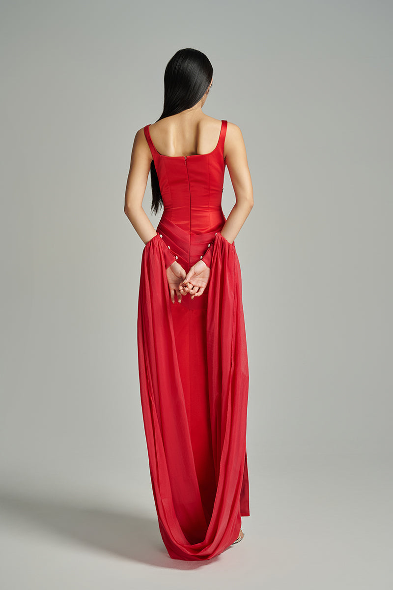 Red CULT MIA X HAPPY CLOTHING Sienna sheath taffeta maxi dress displayed on a model, showcasing elegant evening wear.