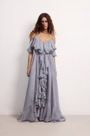 OvertheSea San Francisco gray-blue maxi dress displayed on a hanger, featuring a flowing silhouette and elegant design.