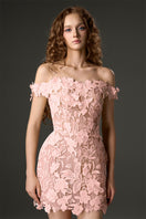 Pink off-shoulder floral lace mini dress from I.H.F Studio, featuring delicate lace details and a feminine silhouette.