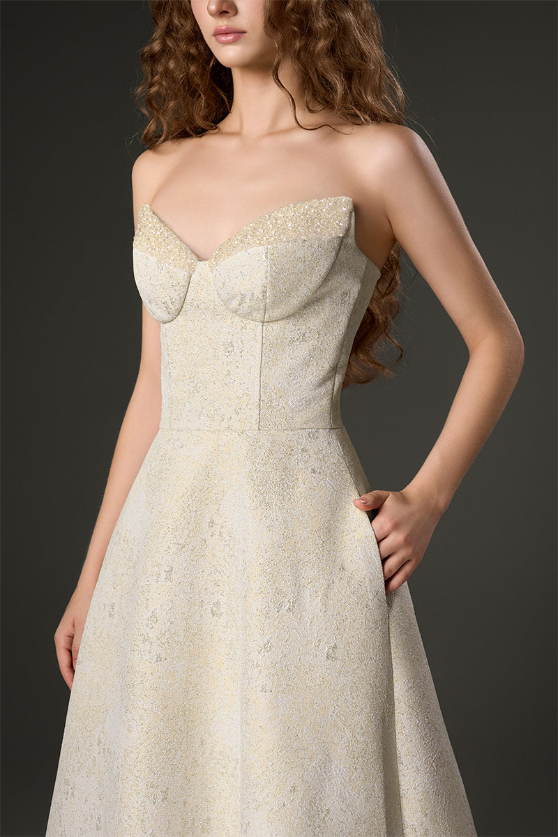 LOTUS BROCADE A-LINE DRESS IN YELLOW - CULT MIA