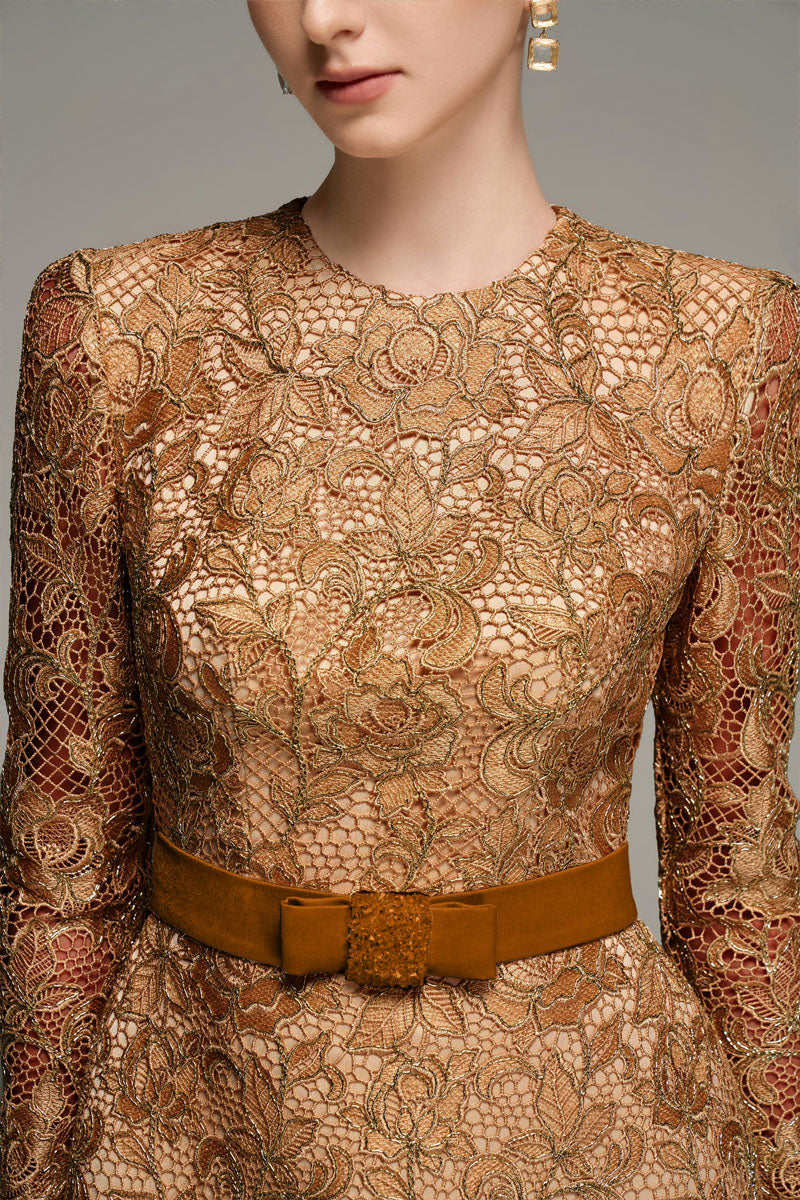 Brown long sleeve lace mini dress by I.H.F Studio, featuring delicate lace fabric and a fitted silhouette.