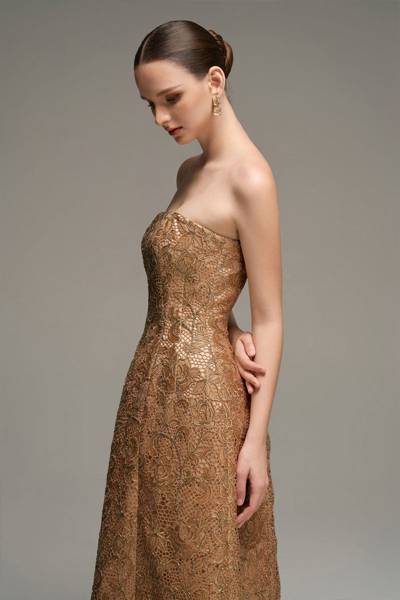 Brown lace bustier gown by I.H.F Studio featuring intricate lace details and a fitted silhouette.