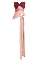 Red, peach, and warm tone bustier top by Stolen Stores featuring a fitted design and three carats of elegant style.