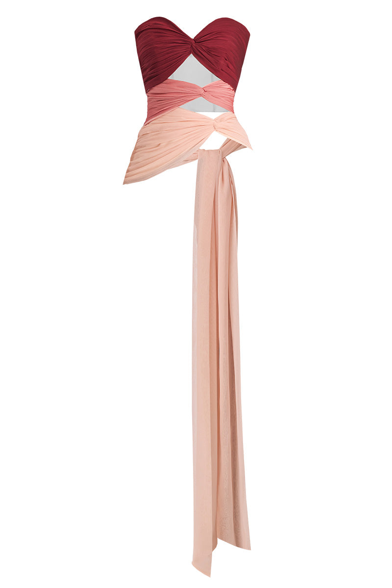 Red, peach, and warm tone bustier top by Stolen Stores featuring a fitted design and three carats of elegant style.