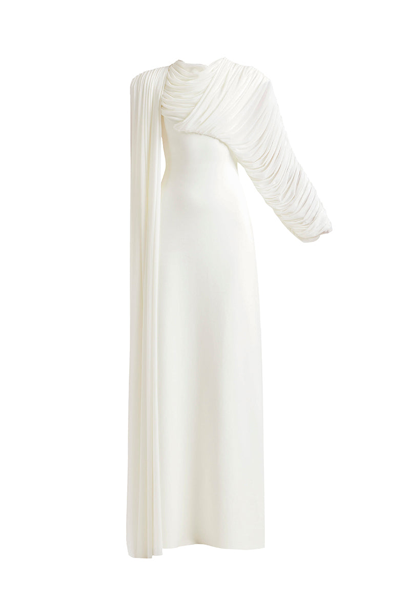 Deme By Gabriella Arienne maxi dress in off-white fabric with flowing silhouette and elegant design, suitable for special occasions.