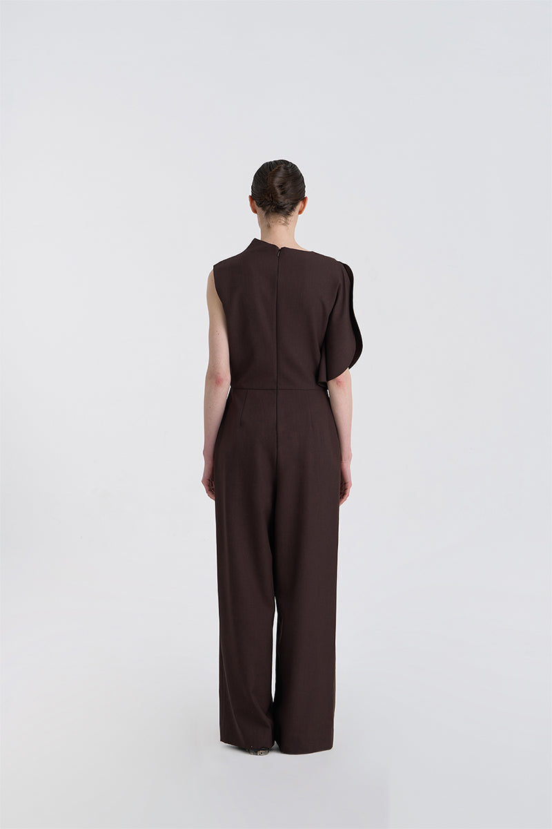 JINSUN FILANTE brown wool jumpsuit displayed from the back, featuring a tailored fit and stylish design.