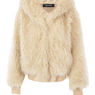 Kris Marán hooded plush coat in creamy white, soft and cozy for winter, shown hanging on a clothing rack.