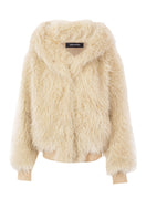 Kris Marán hooded plush coat in creamy white, soft and cozy for winter, shown hanging on a clothing rack.