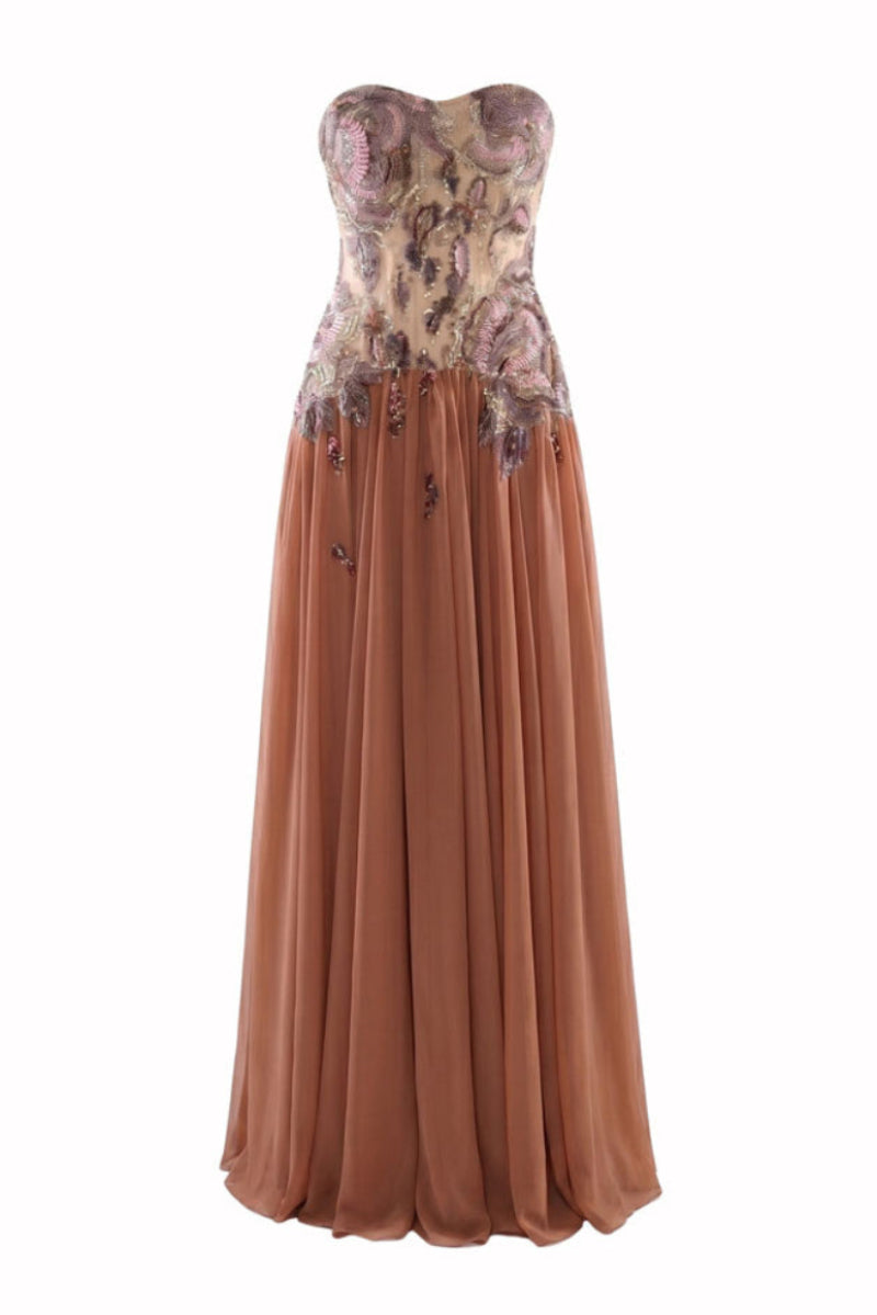 HACCHIC COUTURE Aurora embellished gown in cinnamon rose with intricate beadwork and flowing fabric, elegant evening wear.