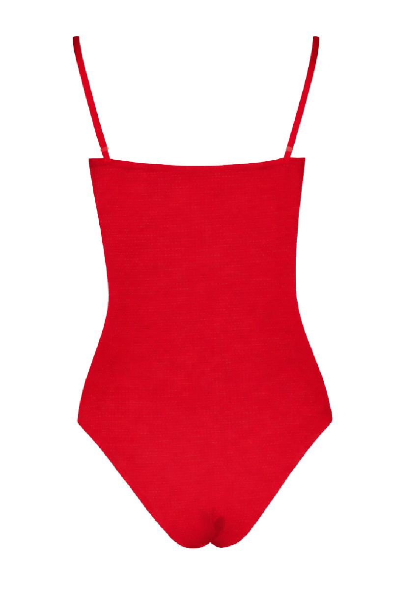 Verdelimon Sumatra one-piece swimsuit in cherry with a back view, featuring a sleek design and vibrant color.
