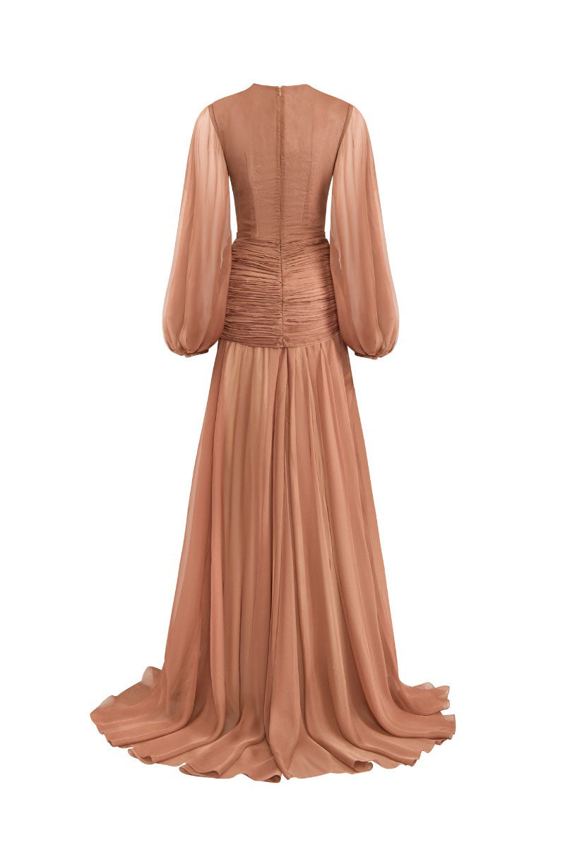 BROWN V-NECK LONG-SLEEVE MAXI DRESS | CULT MIA | CEM BROWN V-NECK LONG-SLEEVE MAXI DRESS | CULT MIA | CEM