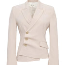 SÉLONE Oris asymmetric tailored blazer in warm beige, featuring a modern fit and stylish design, displayed on a hanger.