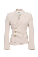 SÉLONE Oris asymmetric tailored blazer in warm beige, featuring a modern fit and stylish design, displayed on a hanger.