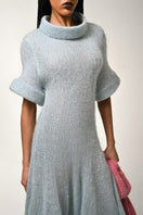 Sky blue draped midi dress by Lalo, showcasing flowing fabric and elegant design in this maxi dress image.