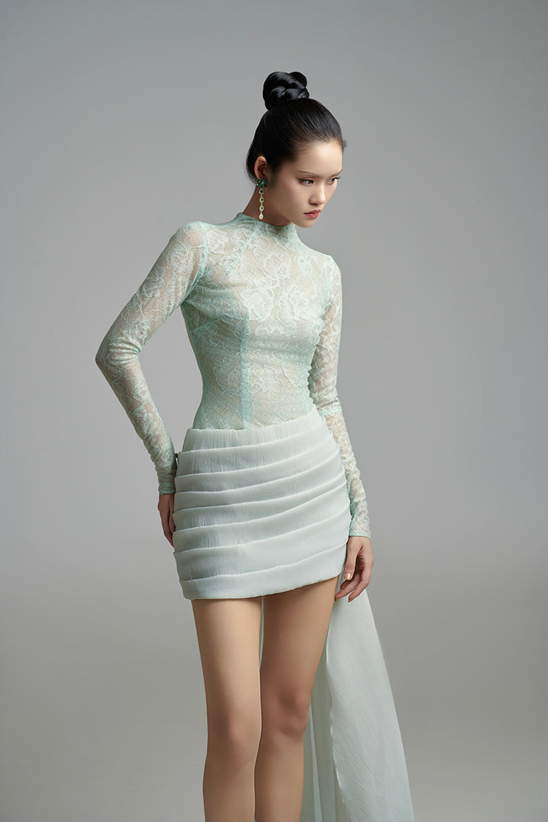 BODYCON LONG SLEEVED ORGANZA MINI DRESS - CULT MIA