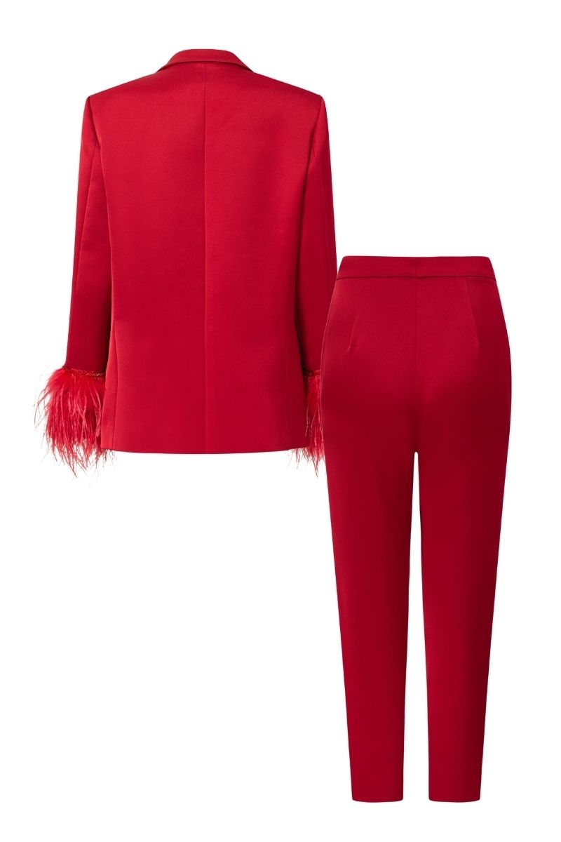 RED KELLY TAFFETA FEATHER SUIT JACKET AND PANTS SET - CULT MIA