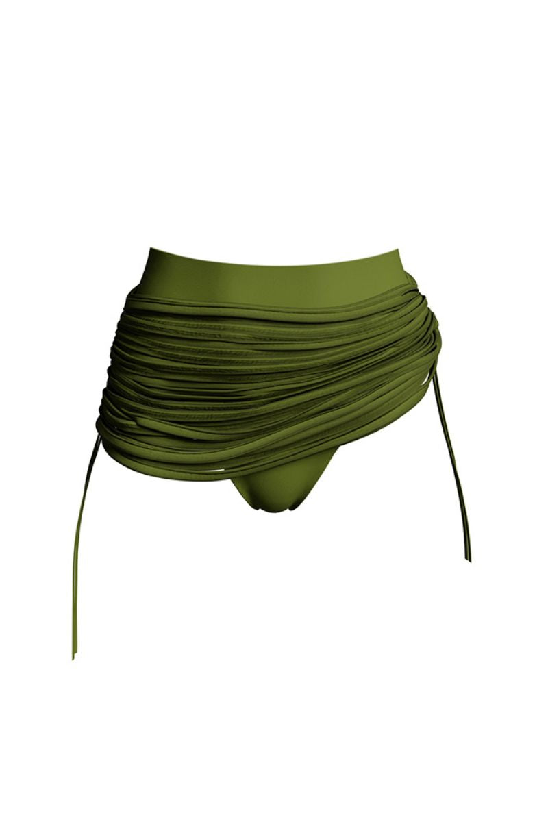 Andrea Iyamah Makena fringe bikini bottom in olive green with fringe details, styled for a trendy swimwear look.