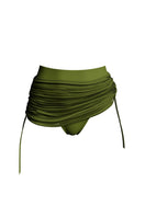 Andrea Iyamah Makena fringe bikini bottom in olive green with fringe details, stylish swimwear for beach or pool.
