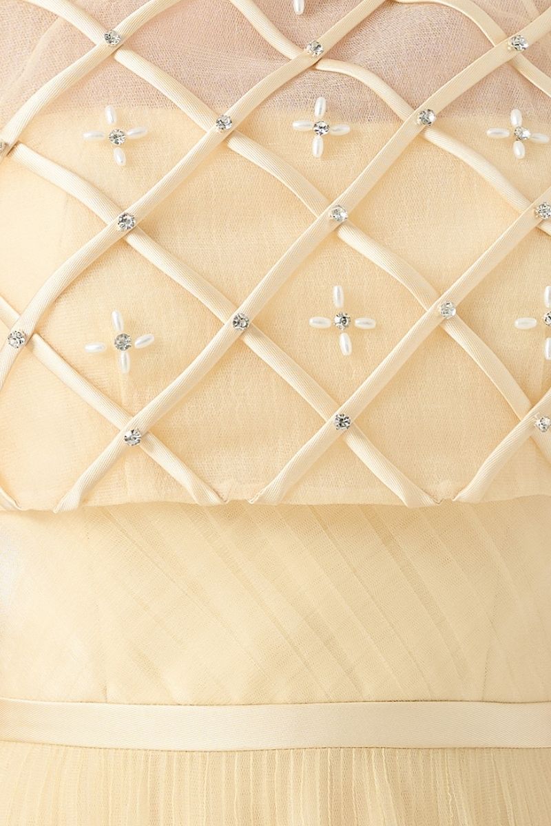 BEIGE A-LINE DRAPED MESH SILK MAXI DRESS - CULT MIA