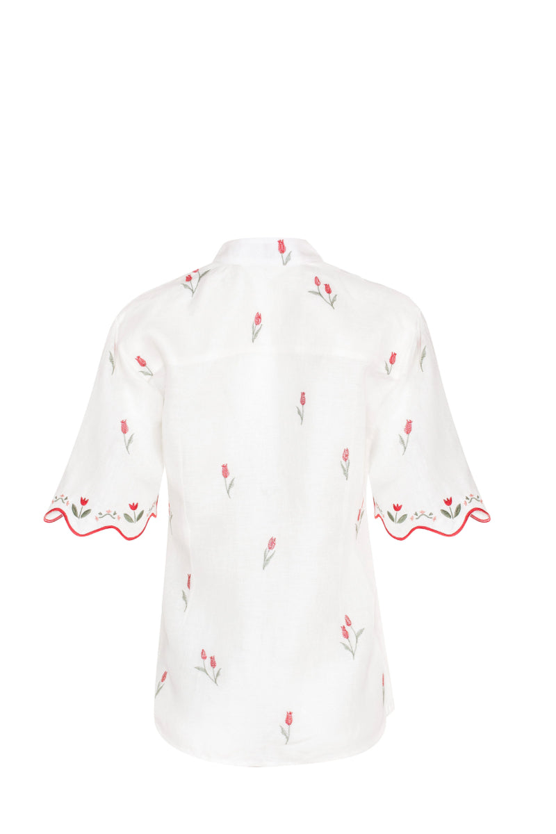 Estefania ivory tulip shirt with long sleeves and a relaxed fit, featuring a floral tulip pattern and elegant design.