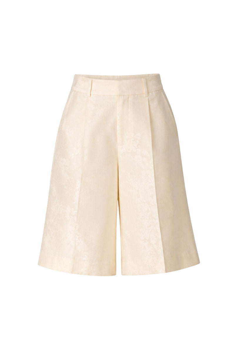 Leica floral jacquard culottes in ivory, stylish pants with intricate floral patterns and wide-leg design.