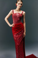 HAPPY CLOTHING CULT MIA X burgundy square neck long gown with flowing fabric and elegant design.