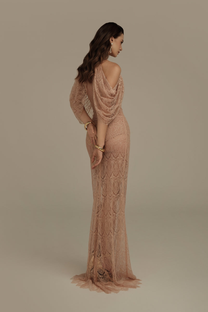 Poem Vespera gown in nude pink, elegant floor-length dress with flowing fabric, perfect for formal occasions.