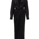 Black silk satin pleated midi dress by 21Six, featuring a flowing silhouette and elegant pleats on smooth satin fabric.